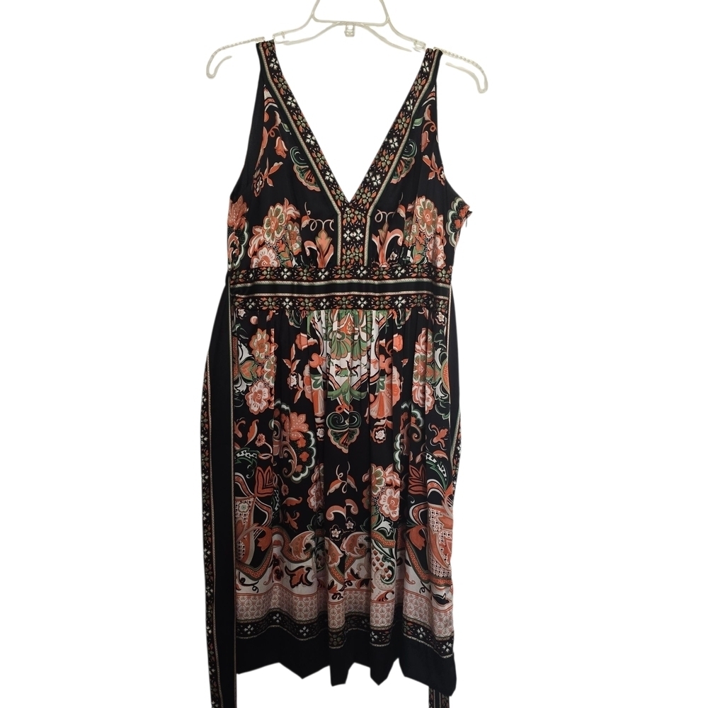 Saks Fifth Avenue Lidee Coral Cora Green Black Floral Silk Midi Dress